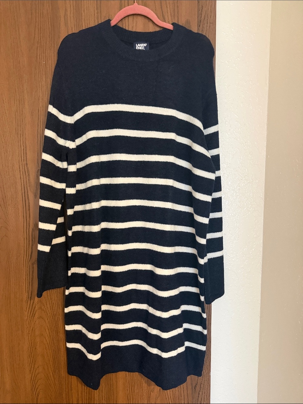 Lands' End Navy and White Striped Long Sleeve Sweater Dress